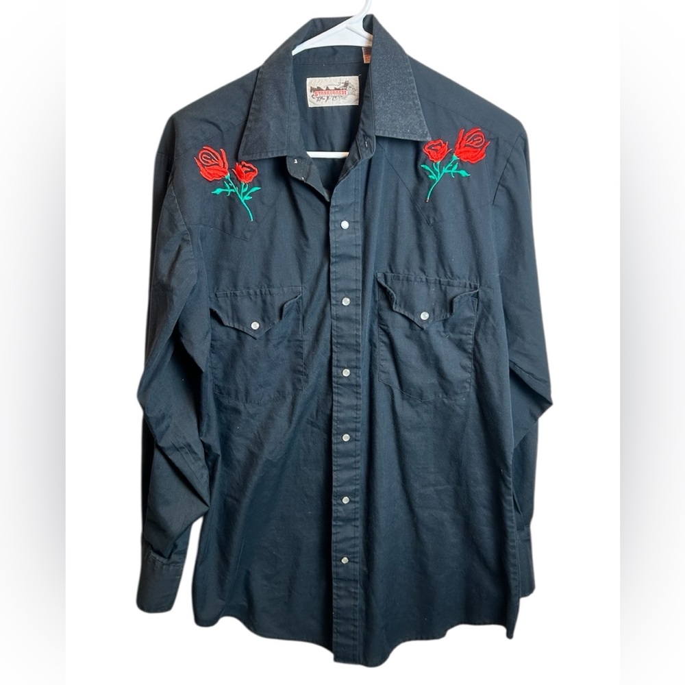 Vintage Western Pearl Snap Shirt Black Red Rose Embroidered Cowboy Medium